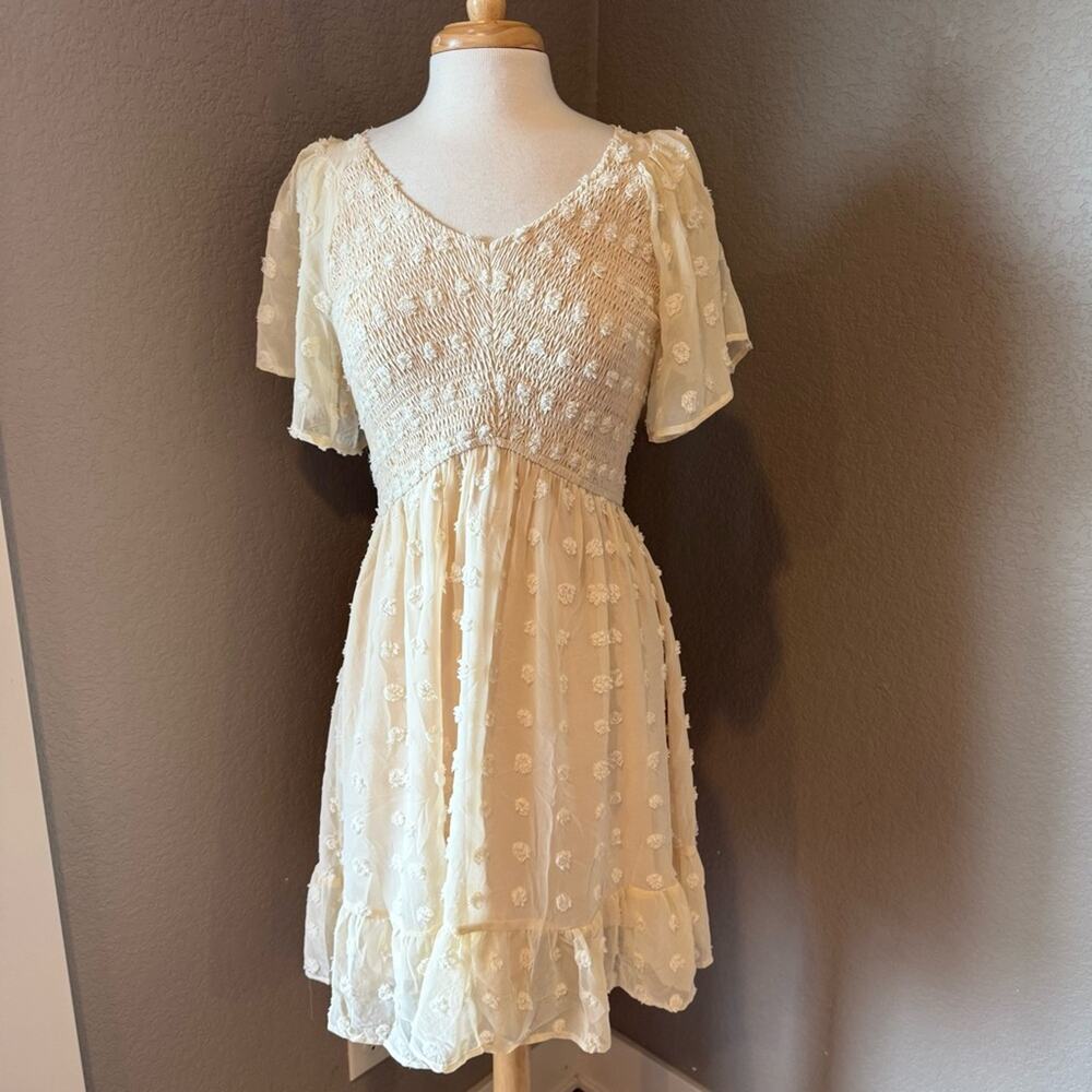 Tecrew Cream Crochet Smocked Puff Sleeve Mini Dress Large NWT